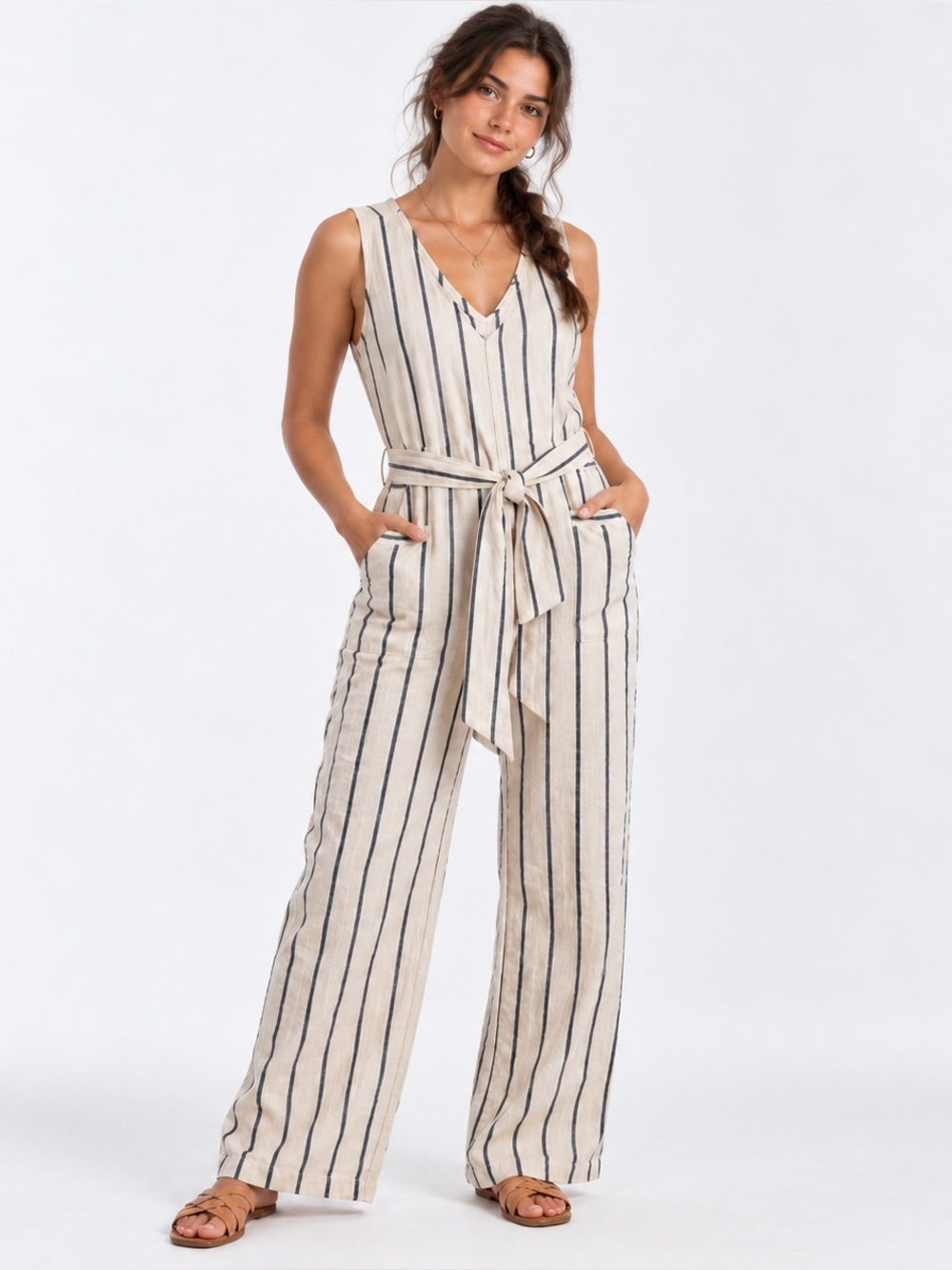 Faherty Catalina 100% Linen Striped Belted Wide Leg Jumpsuit Cream Navy Large